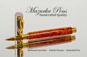 Handcrafted Pen from Redwood Lace with Gold and Chrome